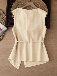 SHEIN Franclia 新款无袖独特设计背心，春夏韩版女式上衣，纯色女式衬衫，休闲优雅纯色女式上衣，韩版女式衬衫 - 杏色 - 查看 2
