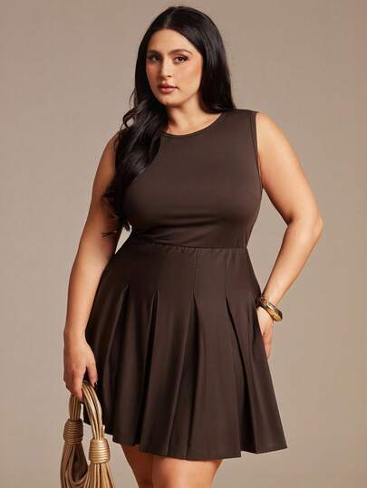 SHEIN BAE 大码女式棕色圆领无袖简约优雅褶皱连衣裙