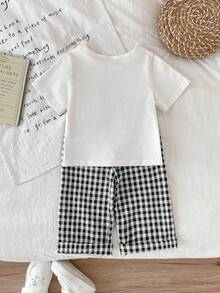 SHEIN Vintaside Kids 男宝宝可爱休闲短袖上衣和格子裤两件套，适合夏季、居家和旅行 - 白色 - 查看 2