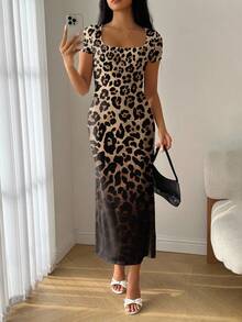 Modelyn Women's Summer Square Neck Ombre Leopard Print Fishtail Hem Bodycon Dress - Multicolor - View 5
