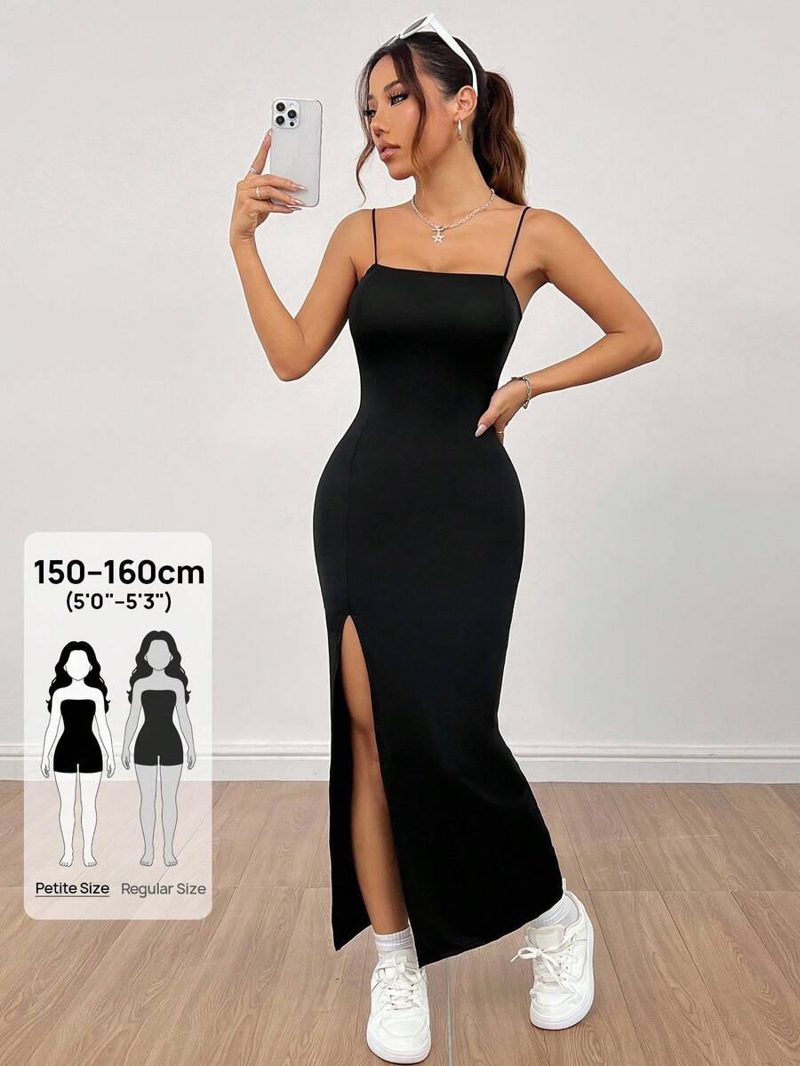 SHEIN PETITE Đầm dài màu đen dây xẻ cao màu trơn cho nữ - màu đen - Xem 1