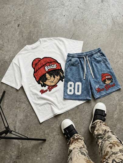 Manfinity EMRG 男士卡通印花短袖 T 恤和短裤套装