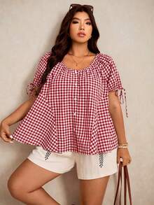 Elaquor Chemise à manches courtes imprimée à carreaux pour femmes grandes tailles, style décontracté - Blanc - Voir 8