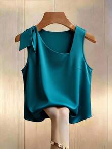 GlowEve CURVE 夏季时尚休闲法式复古优雅通勤不对称领衬衫 - 藍色 - 查看 1