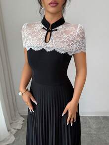 Elenzga Women's Elegant Lace Patchwork Mandarin Collar A-Line Pleated Dress - Black and White - View 7