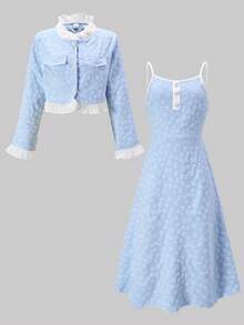SHEIN 少女春秋优雅提花小花开襟褶皱蕾丝边长袖上衣和开衫，搭配简约吊带长裙，两件套适合日常外出、聚会和宴会。 - 淺藍色 - 查看 5