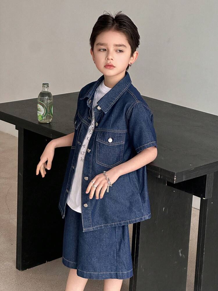 Tween Boy Summer Casual Flap Pocket Button Front Denim Shirt And Denim Shorts Set