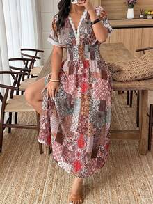 Weeklong Plus Size Women's V-Neck Lace Trim Printed Split A-Line Vacation Dress, Bohemian Holiday Outfit - Multicolor - View 4