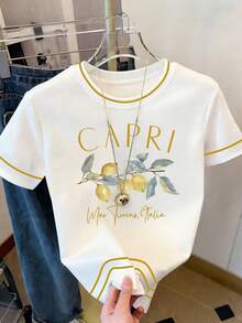 Resyla 女士休闲柠檬字母印花撞色滚边圆领T恤，夏季 - 白色 - 查看 1