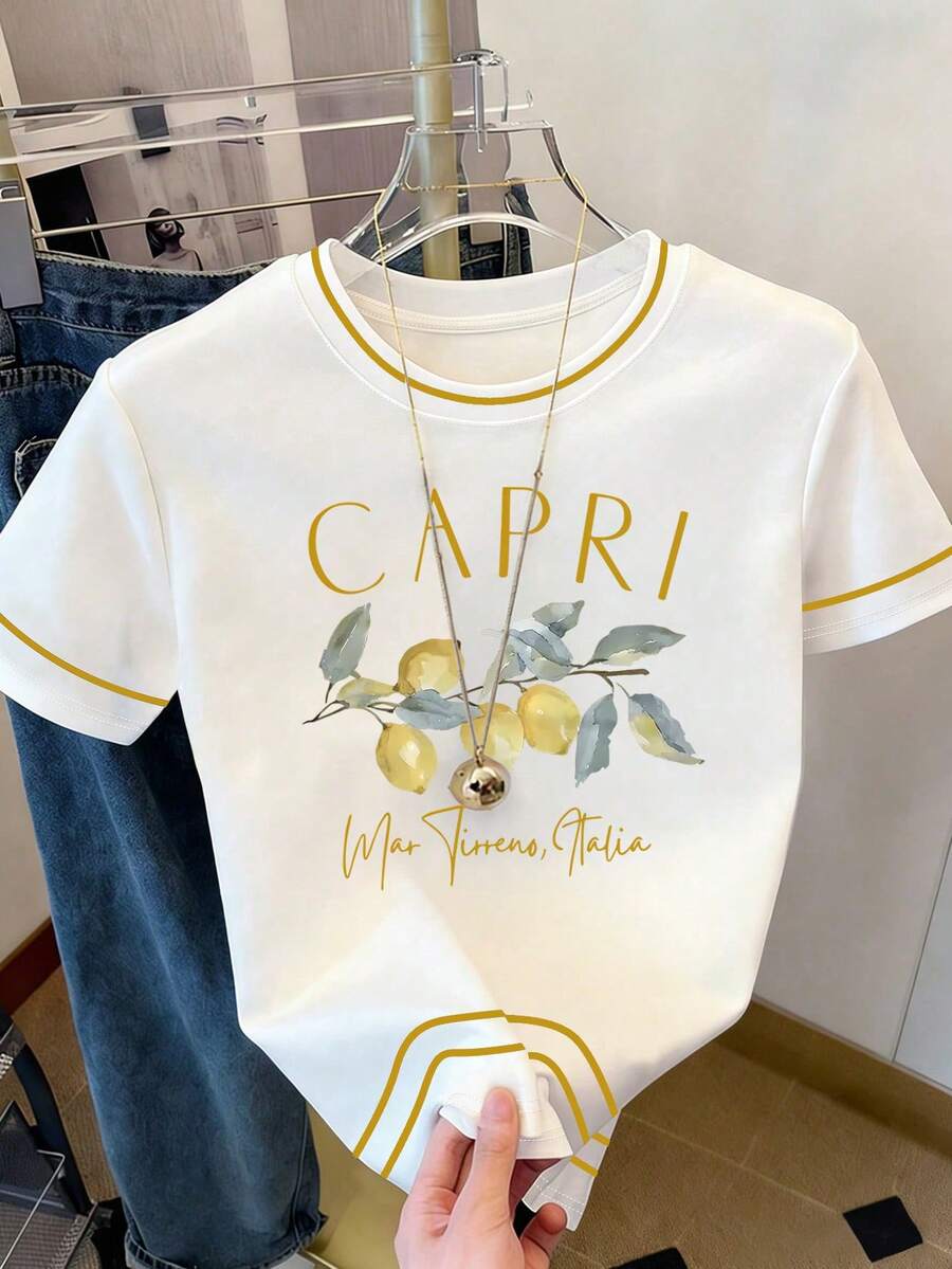 Resyla 女士休闲柠檬字母印花撞色滚边圆领T恤，夏季 - 白色 - 查看 1