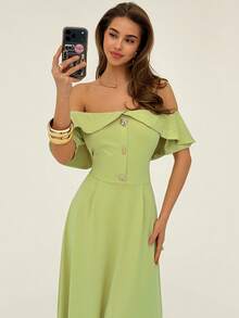 Rafferiza Vestido largo de línea A con botones y hombros descubiertos para mujeres - Verde - Ver 5