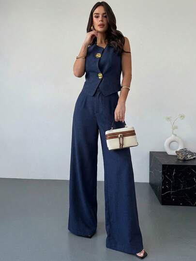 Firerie Spring New Women Khaki Linen Texture Asymmetrical Metal Buckle Vest And High Waist Slimming Wide Leg Pants Set, Elegant Office Wear 2 Pieces Outfit