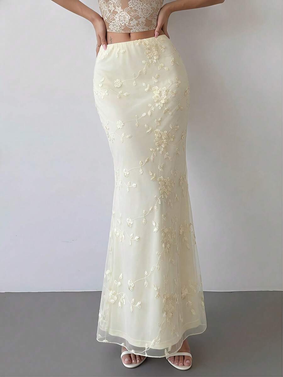 Aloruh 优雅浪漫刺绣网纱拼接半身裙，适合婚礼、约会、情人节等场合，低腰刺绣鱼尾长裙，优雅假日裙