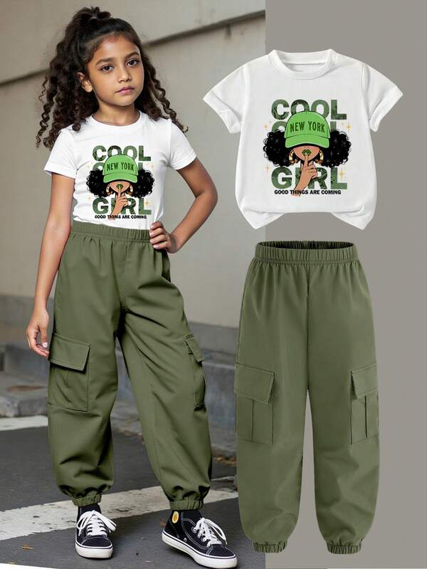 2pcs Tween Girl Casual Minimalist Pattern Short Sleeve Round Neck T-Shirt & Shorts Set, Suitable For Summer, Army Green