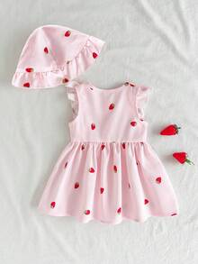 SHEIN Vintaside Kids 夏季新生女宝宝杏色圆领荷叶边卡通樱桃印花无袖红色蝴蝶结连衣裙，搭配红色帽子，优雅可爱 - 粉色 - 查看 2