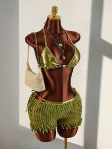 Amplova 女士泳衣套装，偏光闪亮三角系带串珠泳衣，可爱复古Y2K迷你套装，适合海滩度假 - 綠色 - 查看 2