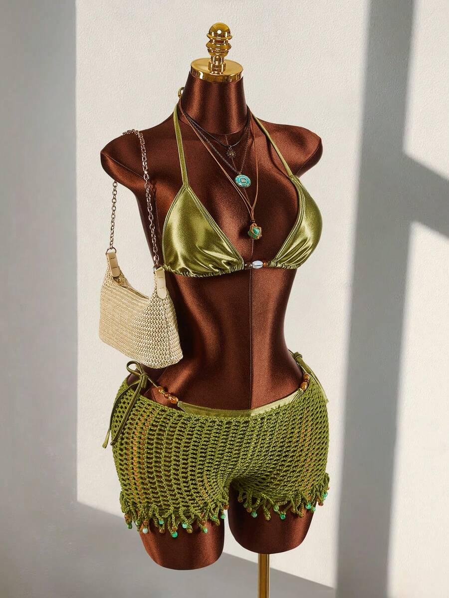 Amplova 女士泳衣套装，偏光闪亮三角系带串珠泳衣，可爱复古Y2K迷你套装，适合海滩度假