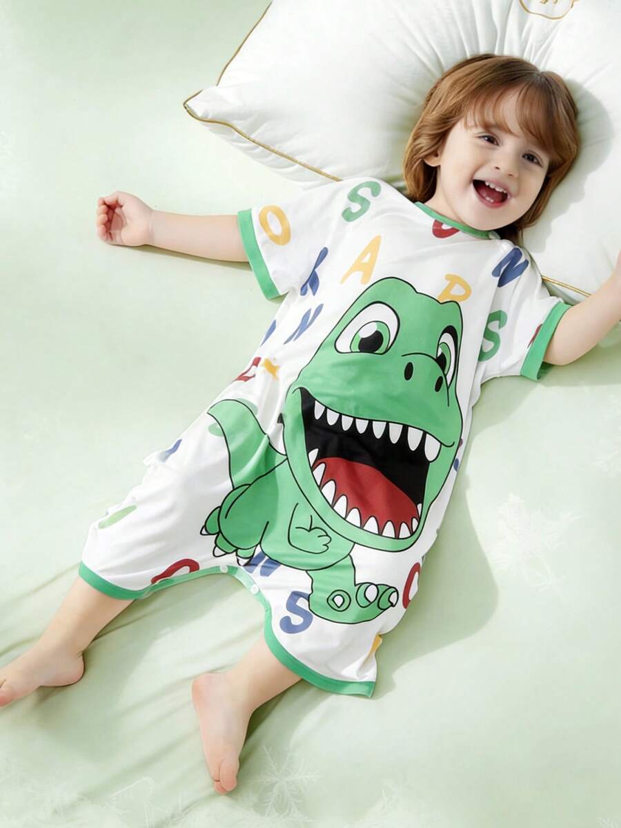 SHEIN 1 件装 男童可爱夏季休闲针织恐龙卡通印花短袖连体衣 - 彩色 - 查看 1