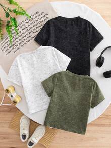 SHEIN Genkimix Kids Bộ 3 áo thun ngắn tay cổ tròn hiệu ứng bông tuyết nhuộm màu thời trang cho bé trai, phối màu trắng, xanh đậm và đen, trang phục thường ngày sành điệu cho mùa hè. - trắng - Xem 3