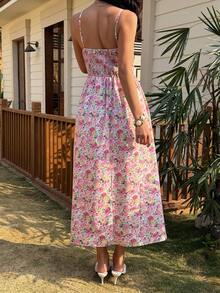 Livesso Đầm midi dây mảnh họa tiết hoa nhí màu hồng, thích hợp cho tiệc bãi biển, kỳ nghỉ, đầm hè. - Hồng - Xem 2