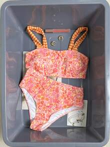 Swim Vcay Bộ đồ bơi nữ gợi cảm kiểu yếm cổ yếm, họa tiết hoa hồng và sọc cam, thích hợp cho kỳ nghỉ biển. - Hồng - Xem 3