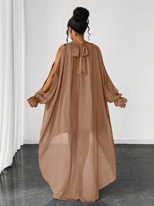 Maweii Plus Size Elegant Solid Color Off-Shoulder Front Short Back Long Dress, Summer - Khaki - View 2