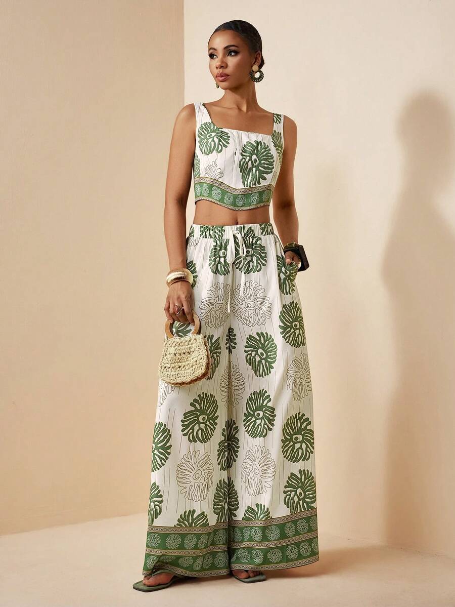 Zivah 2026春夏新款休闲度假波西米亚风热销单品印花方领露脐背心+高腰阔腿裤女式两件套。适合日常穿着、度假、旅行、海滩、西部风情、游牧风、节日庆典、机场穿搭以及婚礼宾客着装。 - 彩色 - 查看 1