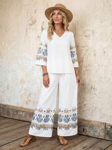 Faunlyn Women's V-Neck Graphic Print Top And Pants Casual Vacation 2 Pieces Set Boho Two Pieces Set Women Vacation Outfit Sets Women's 2 Pieces Summer Sets Pant Suit Summer Sets Boho For Women Vacation Outfits Women Casual - Multicolor - View 1