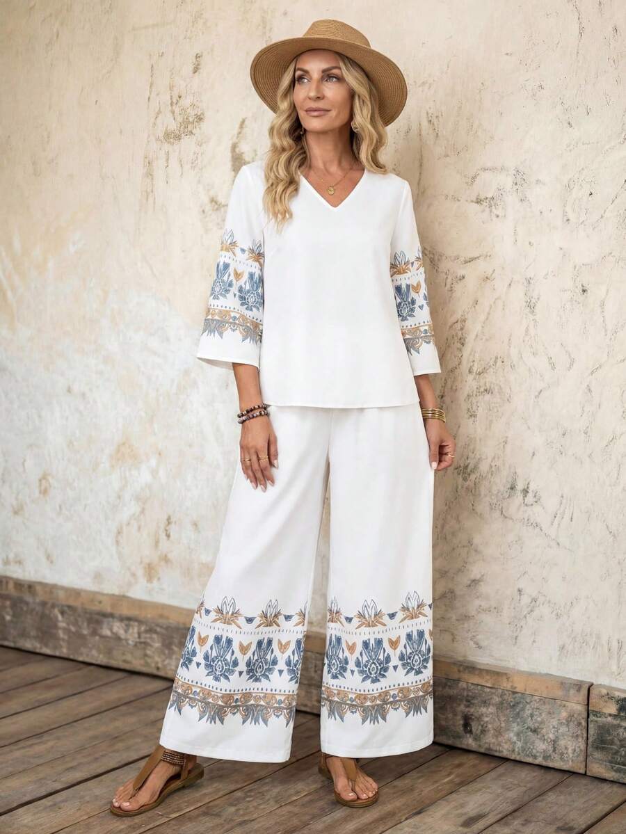 Faunlyn Women's V-Neck Graphic Print Top And Pants Casual Vacation 2 Pieces Set Boho Two Pieces Set Women Vacation Outfit Sets Women's 2 Pieces Summer Sets Pant Suit Summer Sets Boho For Women Vacation Outfits Women Casual - Multicolor - View 1
