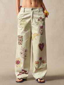 Bohemela Women's Casual Woven Straight Leg Pants Patterned Wideleg Pants - Apricot - View 6