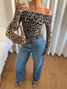 Siren Gaze Women's Leopard Print Off Shoulder Top,Beige,Autumn,Seksi Chic,Night Out Long Sleeve Sheer Mesh Blouse, Animal Cheetah Print Party & Work Wear - Apricot - View 5