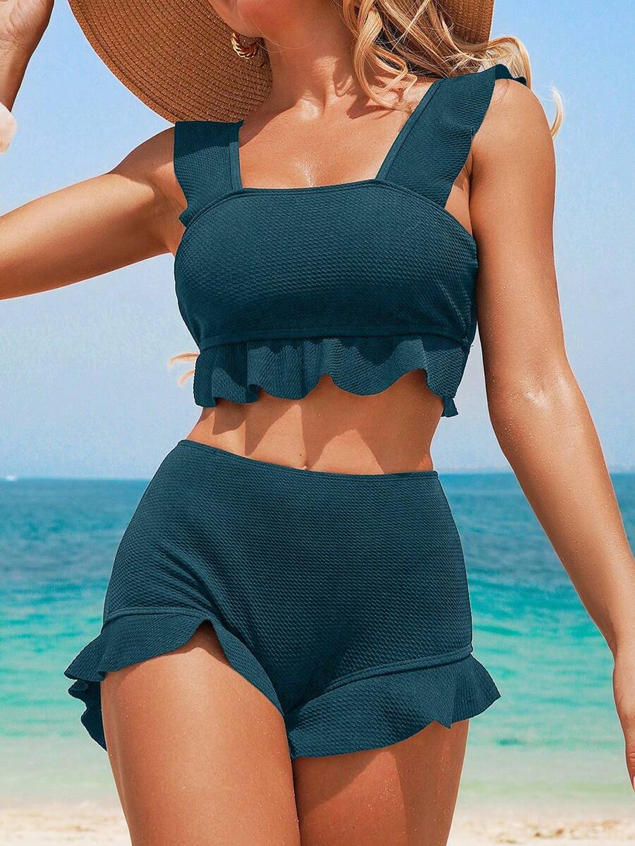 Swim Vcay Top de bikini con volantes, sin borde de cierre requerido - Verde Oscuro - Ver 1