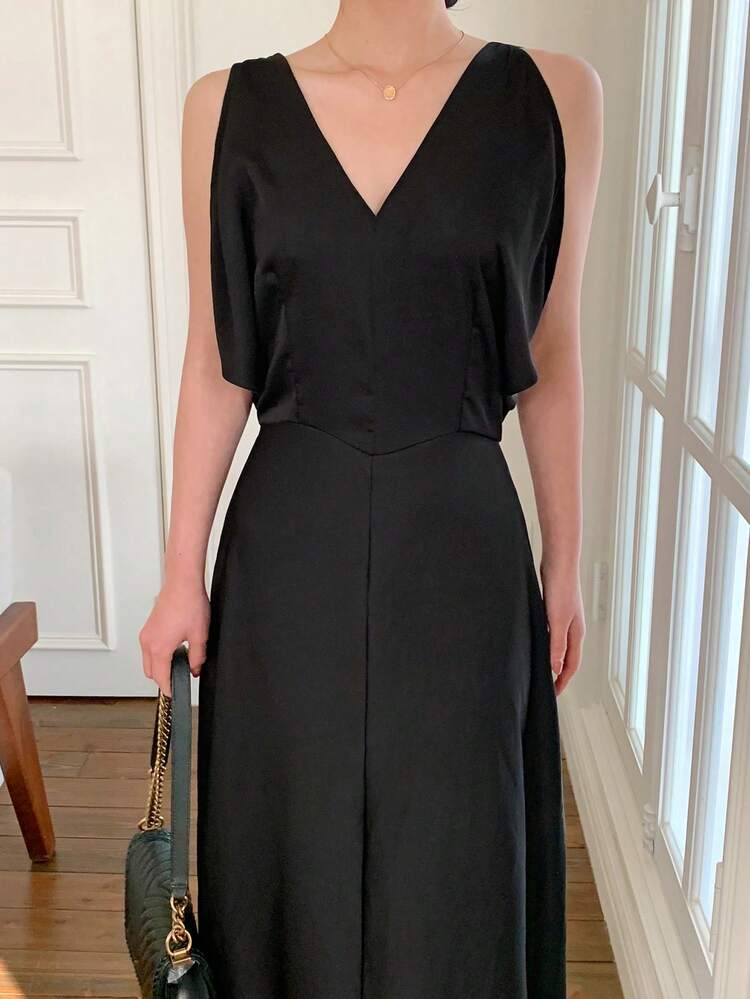 Women's V-Neck Ruffle Hem Waist Tie A-Line Midi Dress