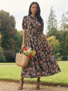 Lilora Chic Women's Boho Midi Dress With Random Print Tie Neck And Half Puff Sleeves In Black Floral Woven Fabric Garden Party Summer - Multicolor - View 5