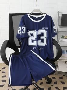 2 pièces/Set T-shirt à col contrasté et imprimé numérique et lettres, et short assorti pour garçons. Tissu doux et confortable, convient pour le quotidien, l'école et les activités sportives - Bleu marine - Voir 6