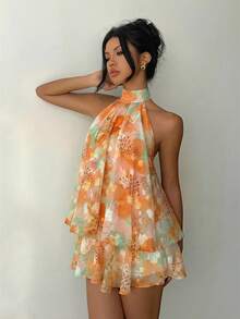 Aloruh Đầm ngắn màu vàng nhạt thanh lịch dành cho nữ, kiểu cổ yếm buộc dây. - trái cam - Xem 5