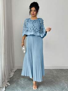 Elenzga Women's Autumn Wedding/Birthday Party Applique Mesh Ruffle Hem Cape Dress - Baby Blue - View 6