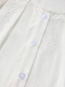 Elenzga Women's Spring/Summer Casual Vacation Solid Embroidered Floral Hollow V-Neck Ruffle Sleeve Pure White Suitable For Travel Short Sleeve Blouse - White - View 4