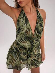 SHEIN BAE Đầm ngắn nữ kiểu dáng thường ngày, cổ khoét sâu bất đối xứng, lưng hở, họa tiết da báo, thích hợp cho kỳ nghỉ biển, tiệc biển, đi chơi cùng bạn bè, lễ hội âm nhạc, kỳ nghỉ phóng khoáng, đầm họa tiết da báo, đầm họa tiết đồ họa, đầm ngắn. - Màu xanh Ô liu - Xem 3