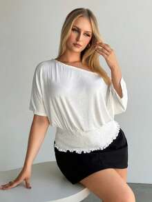 Auralis Camiseta de talla grande de verano, de unicolor, con cuello asimétrico y cintura ceñida - Blanco - Ver 2