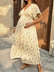 SHEIN Vestido de maternidad con cuello en V y estampado total con función de lactancia, para uso casual diario y vacaciones - Caqui - Ver 6