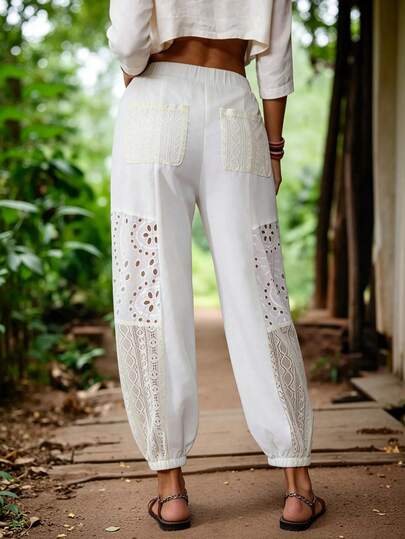 LanaWest Pantalon polyvalent pour femmes de style occidental, en dentelle et patchwork, avec découpes ajourées et liens à la cheville. Printemps/Été