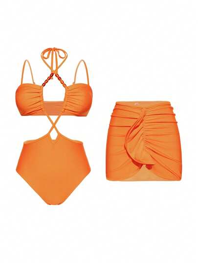 Swim Oasis Women Solid Color Front Pearl Decor Criss-Cross Back Adjustable Strap Tankini Two Pieces Swimsuit