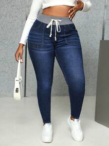 SHEIN CURVE+ Quần jean bó cạp chun có túi rút size lớn cho nữ thường ngày - màu đen - Xem 7