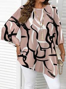 EMERY ROSE Plus Size Casual Asymmetric Hem Allover Print Shirt - Pink - View 4