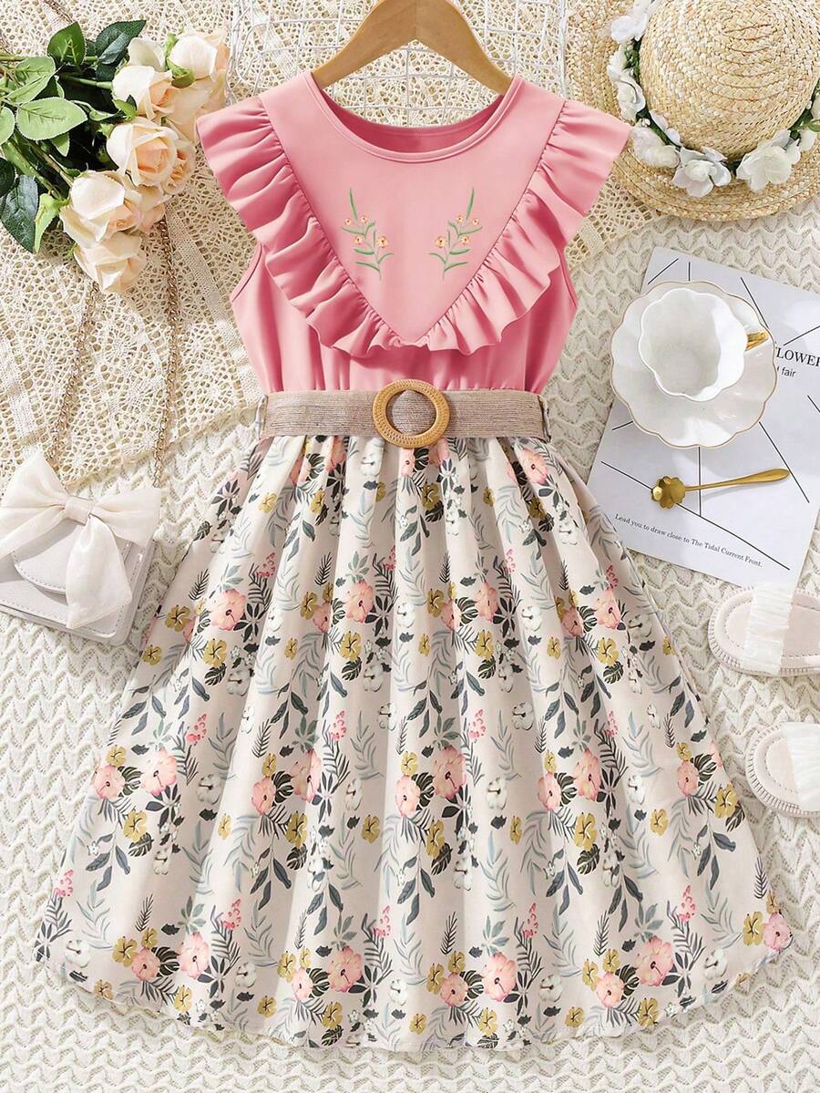 SHEIN Vintaside Kids Vestido de niña preadolescente con estampado floral, cinturón y volantes en el bajo, cuello redondo - Rosa - Ver 1