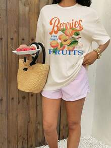 Aloruh 宽松休闲极简热带水果桃子印花圆领短袖T恤，法式里维埃拉度假图案T恤，海滩度假装扮，女士夏季穿搭，夏季女士T恤，沙滩T恤，女士T恤，海滩风穿搭 - 杏色 - 查看 11