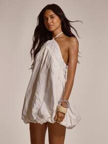 MUSERA Đầm ngắn cổ yếm đính sequin tua rua bồng bềnh, dễ thương, gợi cảm cho mùa hè, xuân, đi chơi, đi biển, nghỉ mát, Honey Tides - Màu be - Xem 3