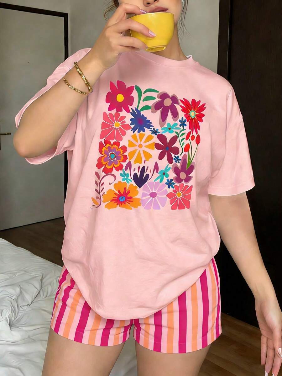 SHEIN LUNE 大码夏季休闲印花T恤和条纹短裤两件套 - 彩色 - 查看 1