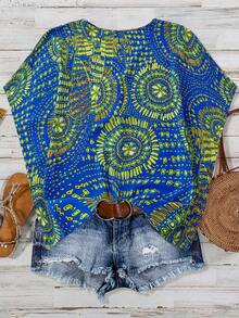Linhara Plus Size Women's Blue V-Neck Printed Raglan Sleeve Ruffle Front Button Casual Vacation Holiday Autumn Boho Summer Tops Shirt Blouse - Blue - View 2